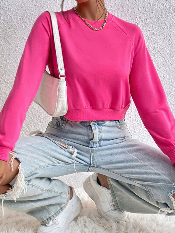 New women's long - sleeved round neck solid color sweater - Outerwear